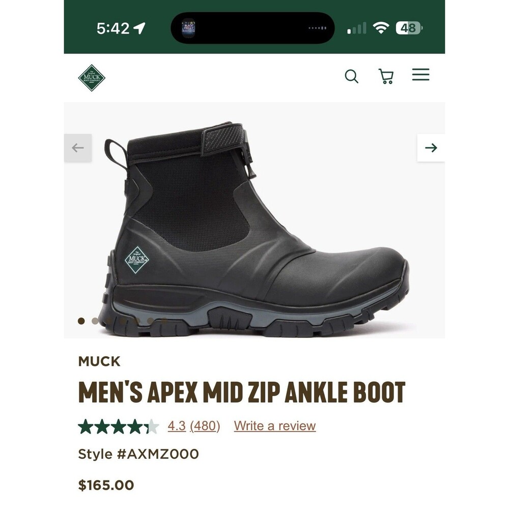 Men’s original MUCK BOOTS APEX MID ZIP ANKLE BOOT Black Size 12 NWT NO BOX  $165